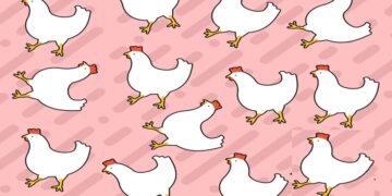 Desafio visual com desenho de várias galinhas brancas com crista vermelha em padrão sobre fundo rosa
