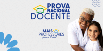 Logo "PROVA NACIONAL DOCENTE" e "MAIS PROFESSORES para o Brasil", acompanhado de uma professora sorrindo com uma aluna. A imagem representa a valorização da educação e o processo seletivo docente.