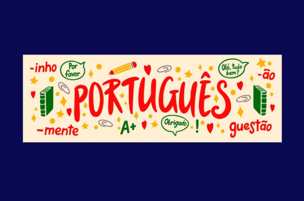 Ilustração colorida da palavra Português rodeada de símbolos como livros, lápis, corações e balões de fala