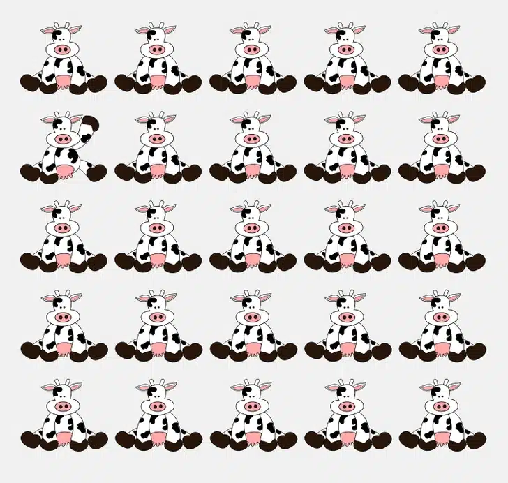 Ache a vaca fora do padrão entre as vacas em preto e branco em fileiras. Teste visual com padrão repetido de desenhos de vacas-pretas e brancas sentadas com expressão fofa e simples