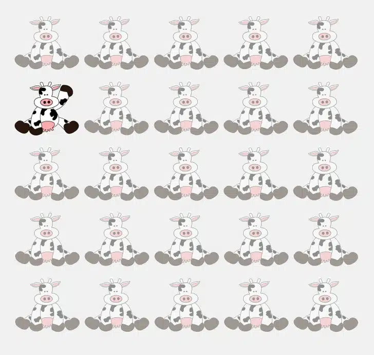 Ache a vaca fora do padrão entre as vacas pretas e brancas em padrão repetido Teste visual com padrão repetido de desenhos de vacas-pretas e brancas sentadas com expressão fofa e simples