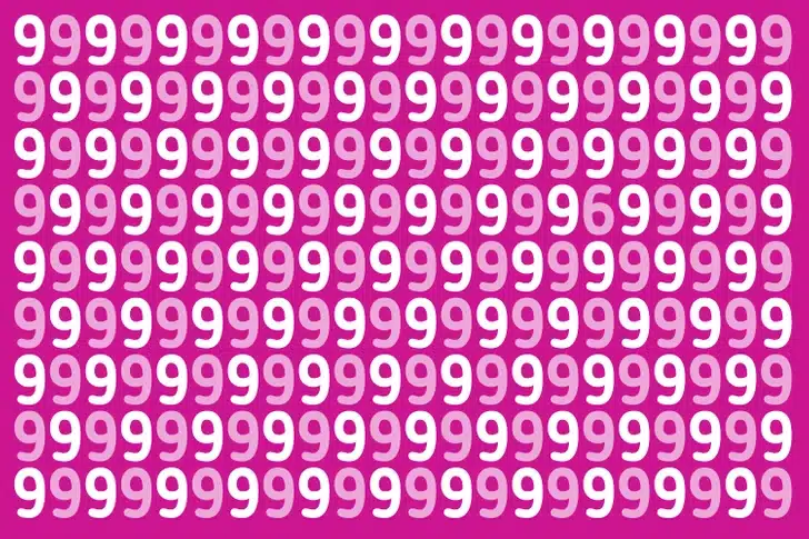 Ache o número 6 camuflado na imagem com um padrão repetitivo de números 9. Teste visual com um fundo colorido rosa com números 9 repetidos em tons variados de rosa e branco