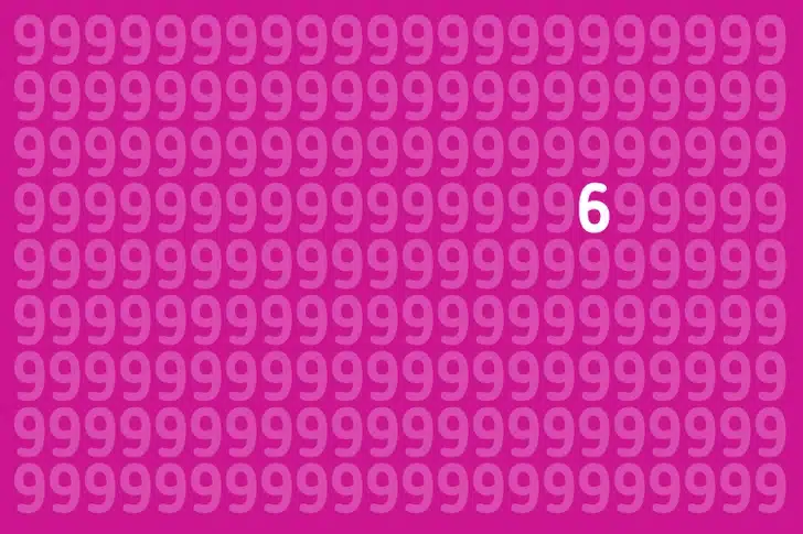Encontre o número 6 neste padrão com números 9 em cores rosa Teste visual com um fundo colorido rosa com números 9 repetidos em tons variados de rosa e branco