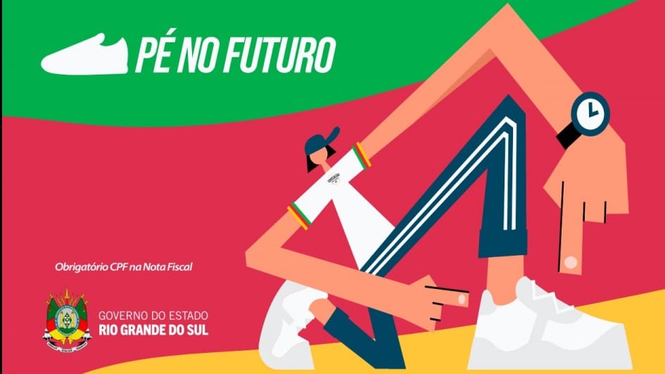Ilustração do programa Pé No Futuro com pessoa estilizada usando tênis branco e fundo colorido do Rio Grande do Sul