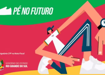 Ilustração de jovem com camiseta branca e calça mostrando o tênis do programa Pé no Futuro