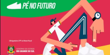 Ilustração de jovem com camiseta branca e calça mostrando o tênis do programa Pé no Futuro