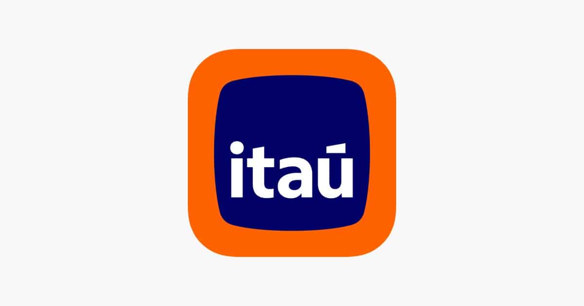 Logotipo oficial do Itaú Unibanco, apresentando a palavra "itaú" em letras brancas dentro de um quadrado azul com bordas arredondadas e contorno laranja.
