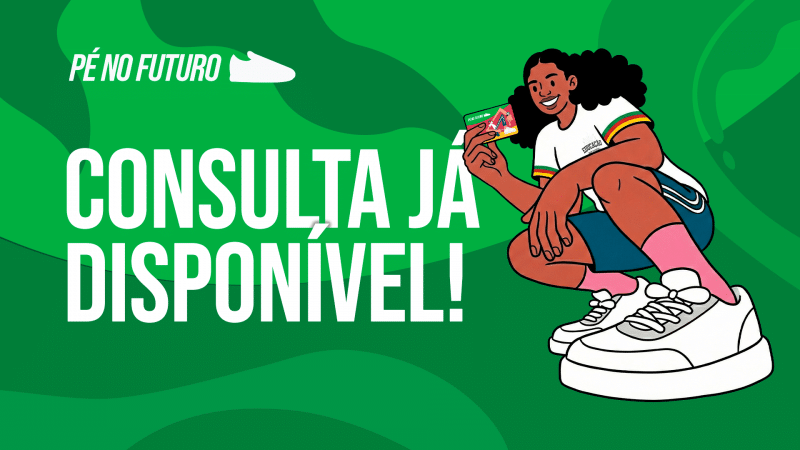 Ilustração de jovem segurando cartão do programa Pé no Futuro com fundo verde