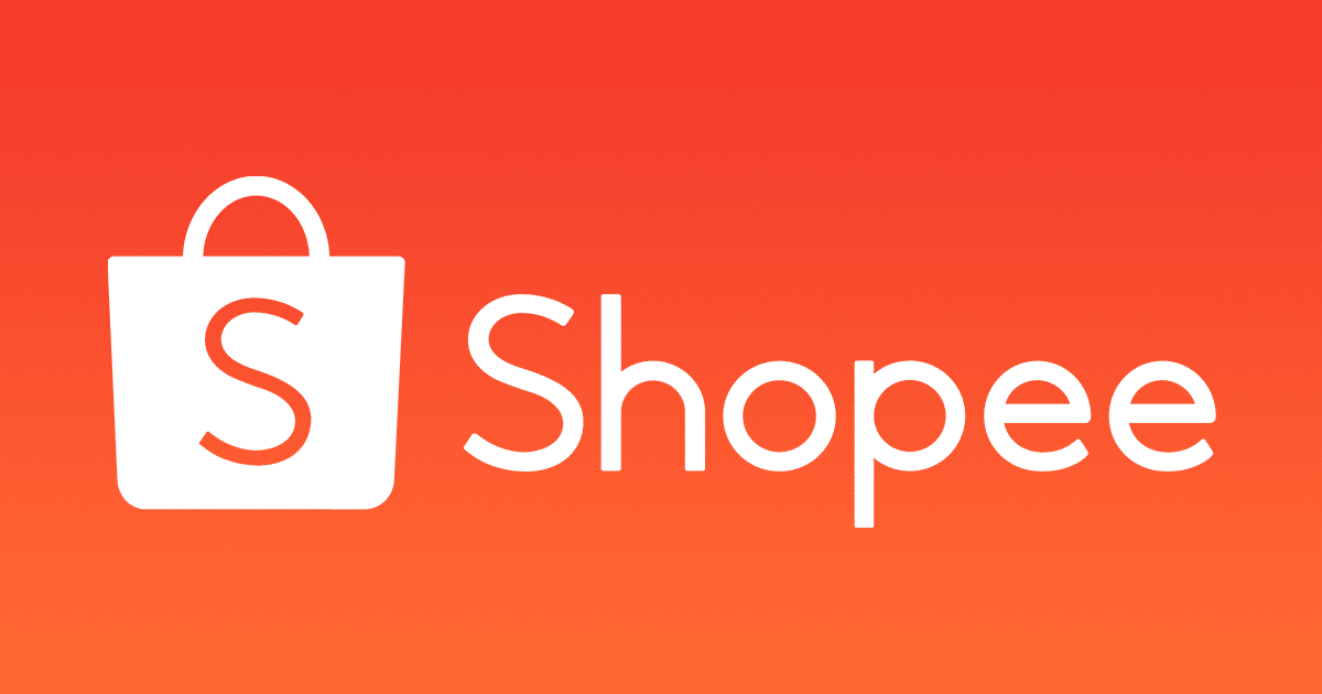 Logotipo da Shopee com ícone de sacola de compras branca contendo a letra S, seguido pelo nome da empresa em branco sobre um fundo gradiente laranja.