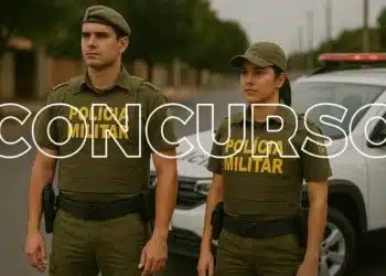 Dois policiais militares de costas com uniforme verde em rua com viatura da polícia ao lado.
