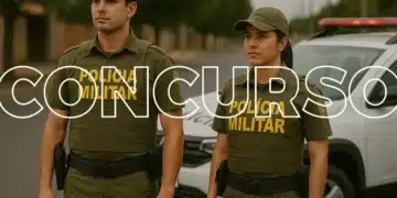 Dois policiais militares de costas com uniforme verde em rua com viatura da polícia ao lado.