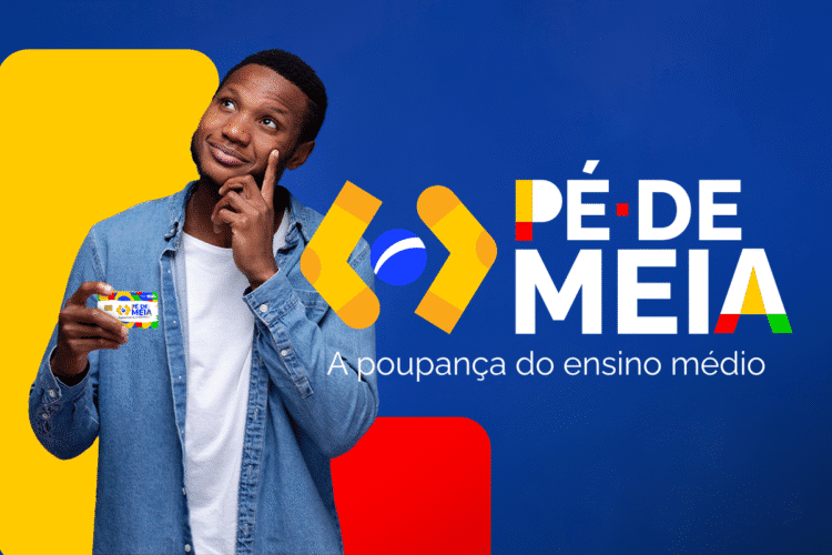 Jovem segurando cartão do programa Pé-de-Meia ao lado da identidade visual oficial.