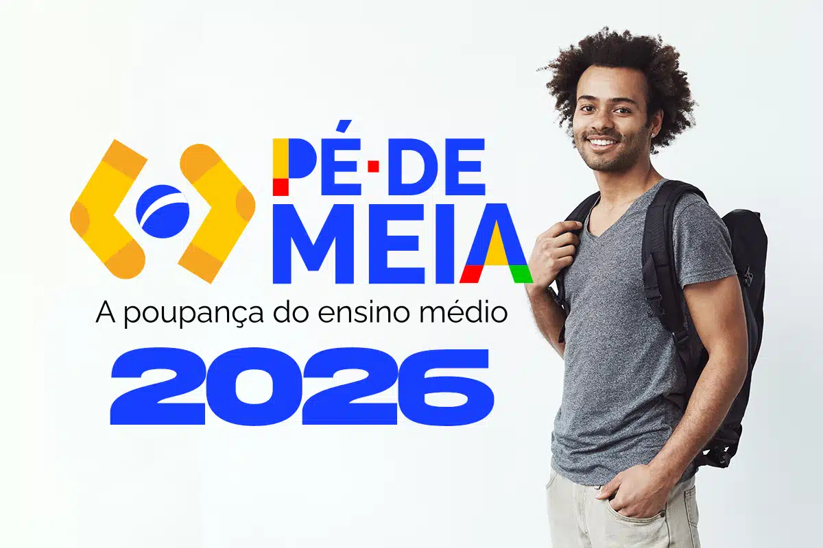 erros comuns pe de meia ciclo 2026 Jovem estudante de óculos com mochila azul, ao lado do logo Pé-de-Meia e do ano 2026, simbolizando a continuidade e os cuidados com o benefício.