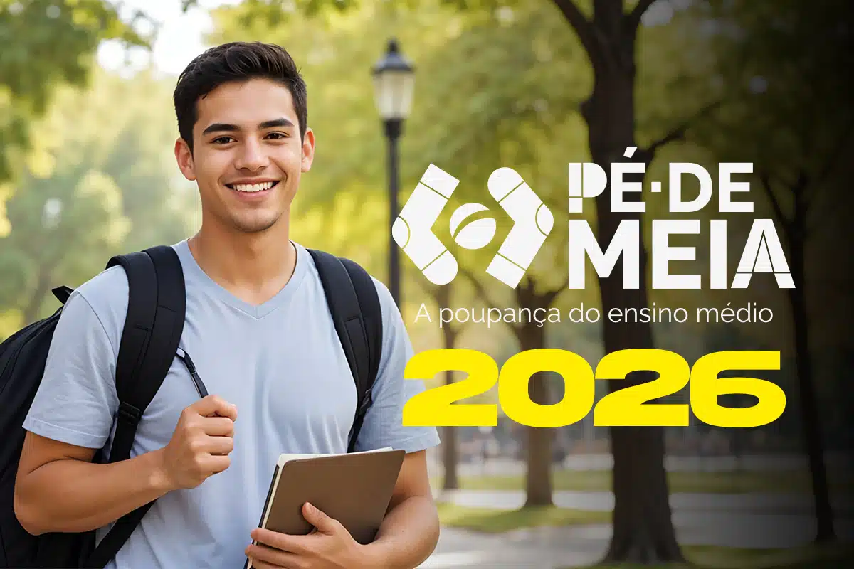 Pé-de-Meia 2026: Como garantir o benefício e evitar bloqueios. Imagem de um estudante sorrindo enquanto segura materiais escolares, com destaque para o texto 'Pé-de-Meia 2026', simbolizando o programa de apoio financeiro.