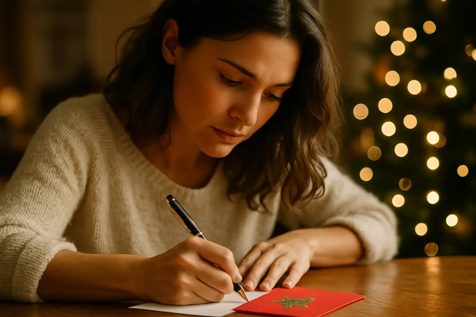 Cartão de Natal Mulher escrevendo um cartão de Natal em clima aconchegante, com luzes natalinas ao fundo.