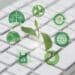 Teclado branco com planta verde crescendo e ícones circulares de sustentabilidade