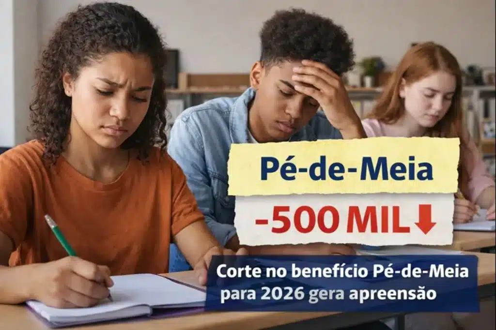 Corte no benefício Pé-de-Meia para 2026. Estudantes preocupados, refletindo sobre o corte de R$ 500 mil no benefício Pé-de-Meia 2026.