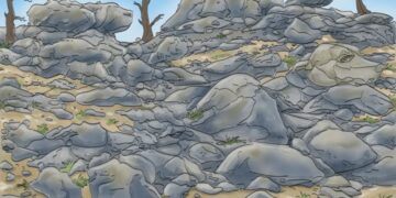 Desafio lógico com uma formação de pedras cinzas dispersas no solo com fundo de céu azul e árvores secas em área aberta