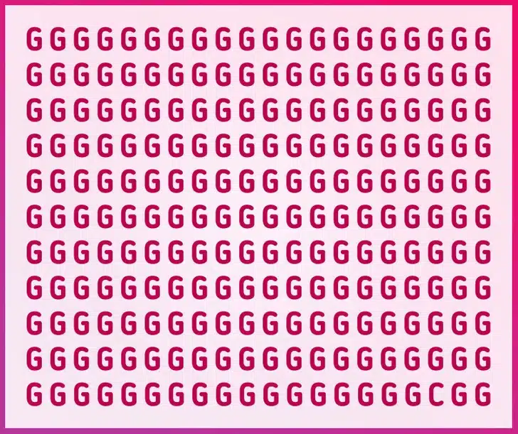 Encontre o único C escondido entre várias letras G. Desafio visual com várias letras G em linhas, com um C escondido entre elas em um tom rosa