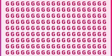Desafio visual com várias letras G em linhas, com um C escondido entre elas em um tom rosa