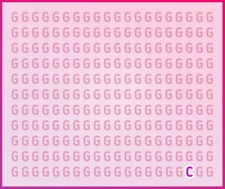 Desafio Visual: Encontre o C escondido Desafio visual com várias letras G em linhas, com um C escondido entre elas em um tom rosa