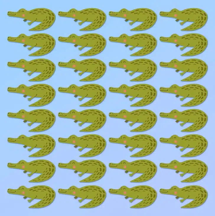 Encontre o crocodilo fora do padrão entre crocodilos verdes. Desafio visual com uma ilustração de crocodilos verdes organizados em um padrão repetitivo.