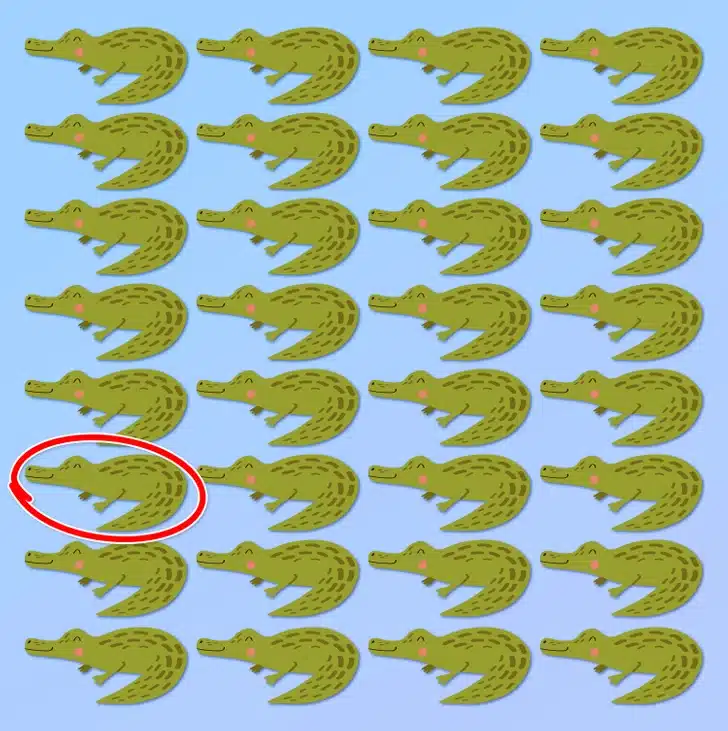 Ache o crocodilo diferente neste padrão repetitivo de crocodilos Desafio visual com uma ilustração de crocodilos verdes organizados em um padrão repetitivo.