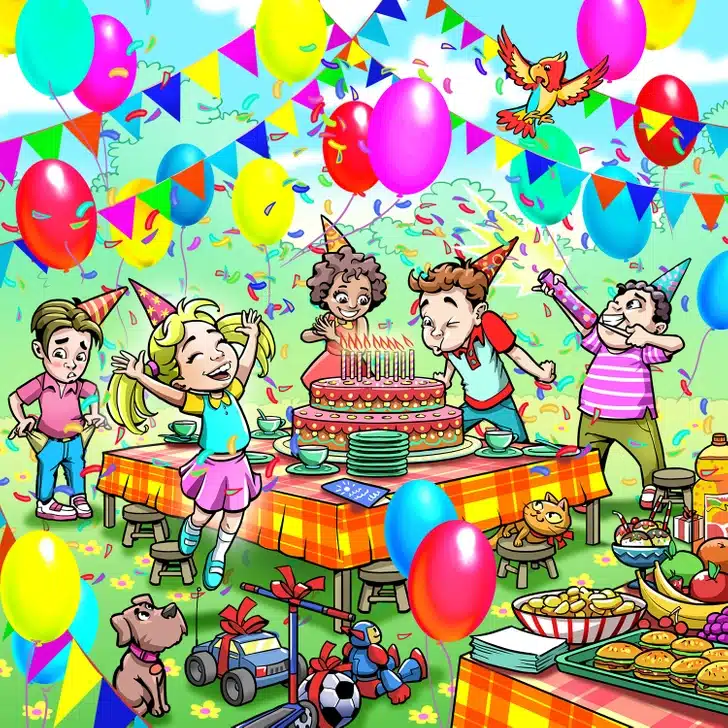 Encontre o presente camuflado nesta cena de uma festa infantil com amigos reunidos. Desafio visual com crianças comemorando festa de aniversário com bolo grande, balões coloridos, confetes e decoração alegre
