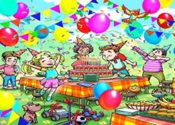 Desafio visual com crianças comemorando festa de aniversário com bolo grande, balões coloridos, confetes e decoração alegre