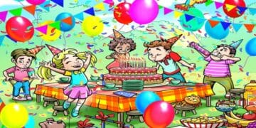 Desafio visual com crianças comemorando festa de aniversário com bolo grande, balões coloridos, confetes e decoração alegre