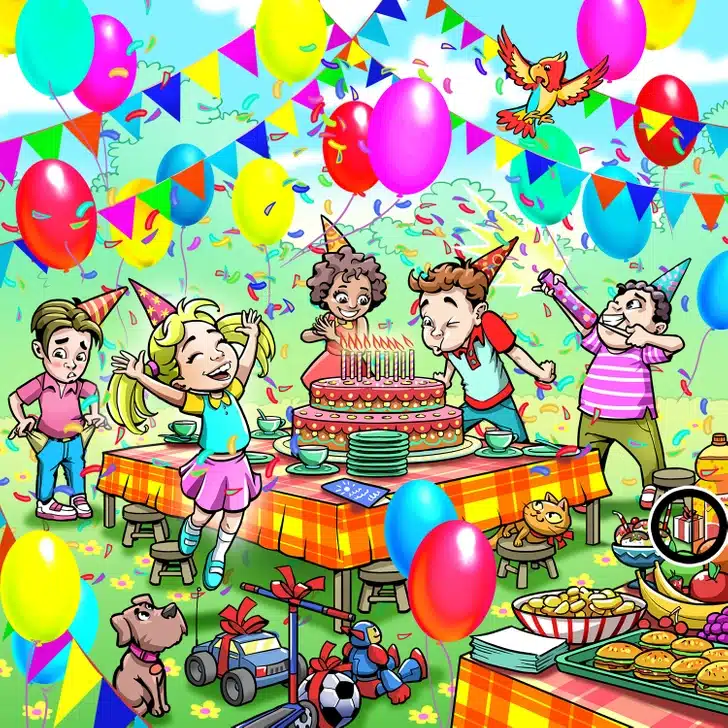 Ache o presente escondido na festa infantil com bolo e balões coloridos Desafio visual com crianças comemorando festa de aniversário com bolo grande, balões coloridos, confetes e decoração alegre