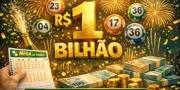 Ilustração com prêmio de 1 bilhão de reais, bolas de sorteio e pessoa segurando cartela da Mega da Virada.
