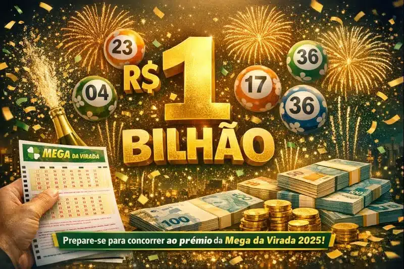 Mega da Virada 2025 - Como garantir o recebimento do prêmio. Imagem comemorativa da Mega da Virada 2025, com um bilhete de aposta, notas de dinheiro e bolas de loteria flutuantes.