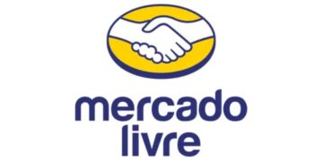 Logomarca Mercado Livre com símbolo de aperto de mãos em fundo branco