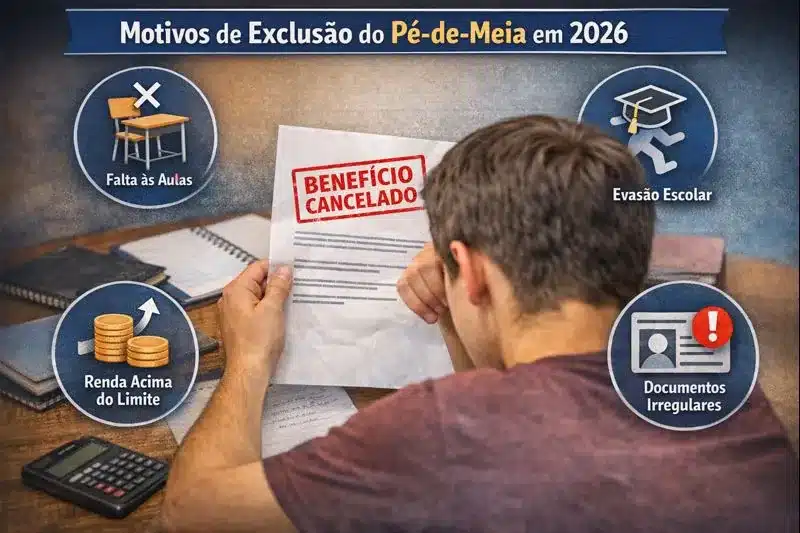 O que fazer ao perder o benefício Pé-de-Meia. Estudante analisando comunicado de cancelamento do benefício Pé-de-Meia e buscando orientação para regularizar a situação.