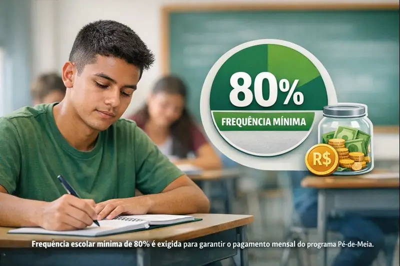 Pagamento do Pé-de-Meia condicionado à frequência escolar. Aluno do ensino médio em sala de aula representando os requisitos de frequência escolar para manter o pagamento do programa Pé-de-Meia.