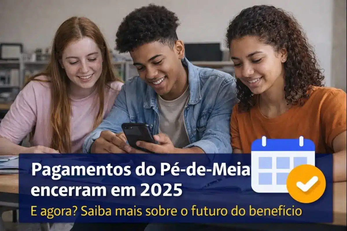 Pagamentos do Pé-de-Meia em 2025 e o Futuro do Benefício. Estudantes de ensino médio verificando informações sobre o futuro dos pagamentos do Pé-de-Meia em 2026.