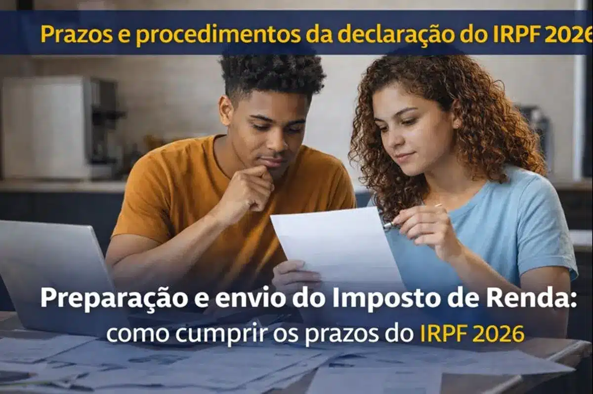 Preparação da declaração do Imposto de Renda 2026. Casal analisando documentos para a declaração do Imposto de Renda 2026 em ambiente doméstico.