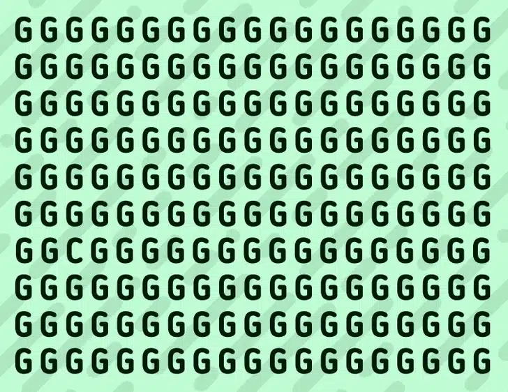 Ache a letra diferente entre as várias letras G maiúsculas repetidas. Teste visual com uma imagem mostrando muitas letras G maiúsculas em repetição sobre um fundo verde.