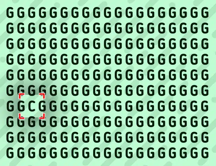 Ache a letra diferente neste padrão de letras G em fundo verde Teste visual com muitas letras G pretas em várias linhas sobre fundo verde.