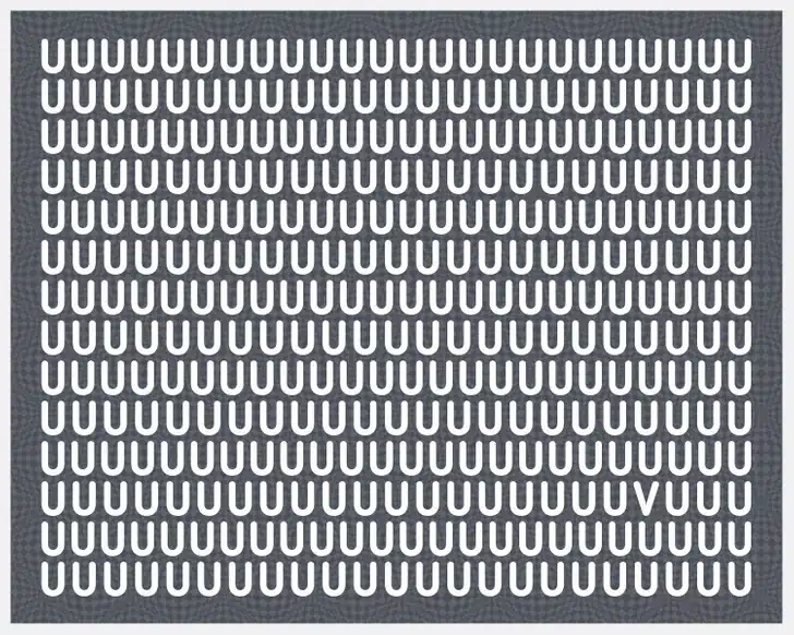Encontre a única letra V escondida entre muitas letras U nesta imagem em preto e branco. Teste visual com a imagem de desafio visual com várias letras U brancas e uma letra V escondida entre elas