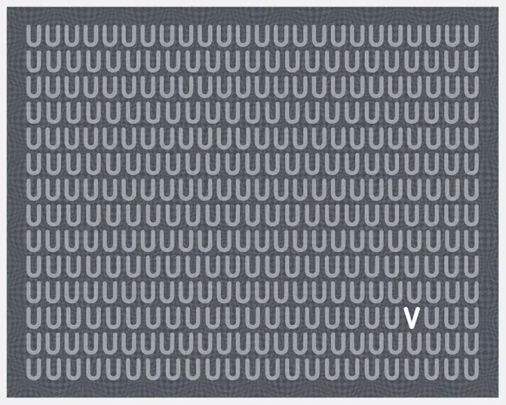 Desafio visual com letras U e V para encontrar o diferente Teste visual com a imagem de desafio visual com várias letras U brancas e uma letra V escondida entre elas