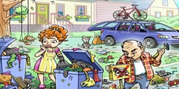 Teste visual: Mulher com expressão preocupada segurando saco de lixo e homem limpando quintal bagunçado com caixa de lixo e carro azul ao fundo