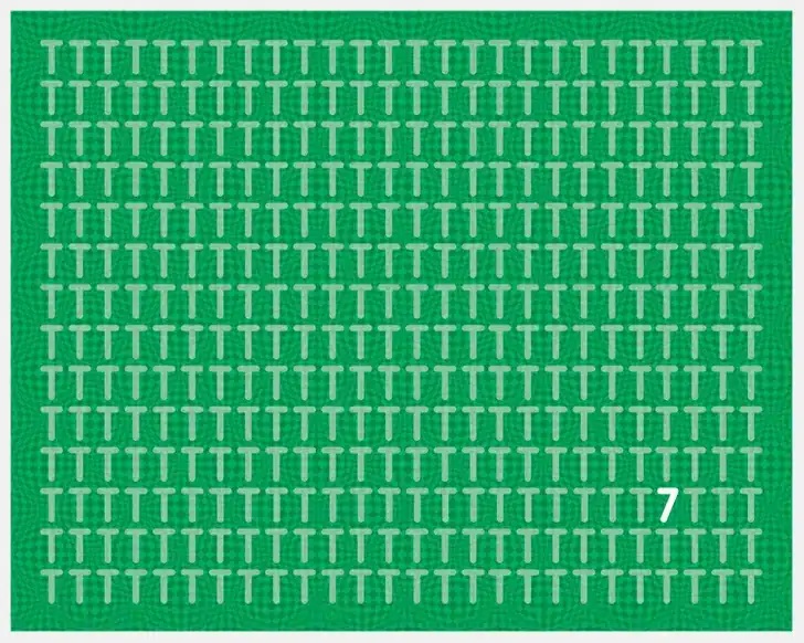 Encontre o número 7 escondido na imagem com letras T maiúsculas repetidas em fundo verde Teste visual com um padrão formado por letras T maiúsculas brancas repetidas em múltiplas linhas sobre um fundo verde