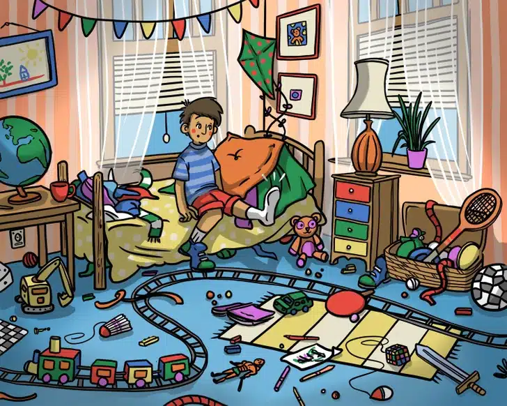 Ache o sapato perdido entre os brinquedos e objetos espalhados pelo chão. Teste visual com um quarto de criança desorganizado com brinquedos, trem de brinquedo, bola, ursinho e menino sentado na cama
