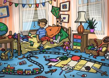 Teste visual com um quarto de criança desorganizado com brinquedos, trem de brinquedo, bola, ursinho e menino sentado na cama