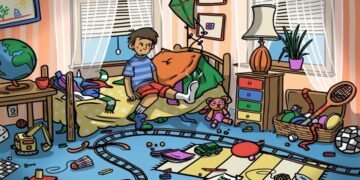 Teste visual com um quarto de criança desorganizado com brinquedos, trem de brinquedo, bola, ursinho e menino sentado na cama