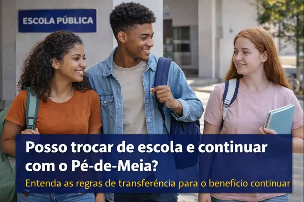 Transferência escolar e continuidade do Pé-de-Meia. Estudantes de ensino médio sorrindo enquanto caminham para a escola pública, refletindo sobre a transferência escolar e a continuidade do benefício Pé-de-Meia.