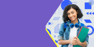 Jovem aprendiz sorridente carregando materiais educacionais e headphone representando programa Jovem Aprendiz BB 2026