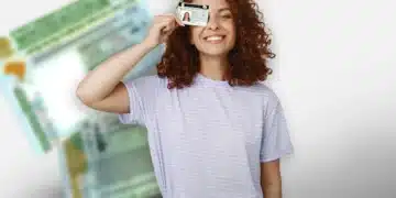 Mulher jovem com cabelo cacheado e camiseta listrada segurando carteira de motorista perto do rosto